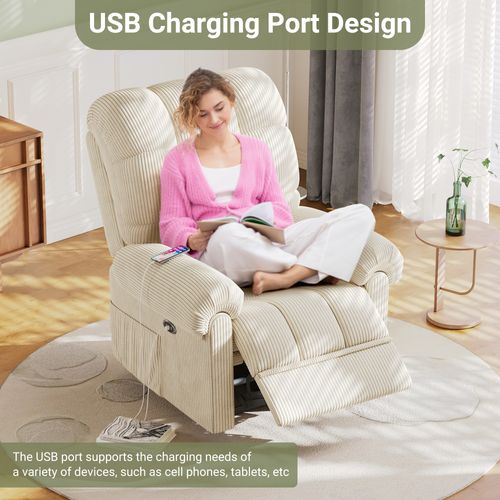 Fauteuil Relax Électrique En Velours Côtelé, Avec Repose-pieds, Beige