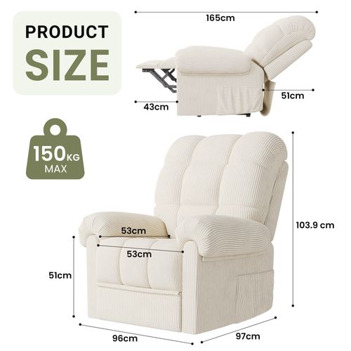 Fauteuil Relax Électrique En Velours Côtelé, Avec Repose-pieds, Beige