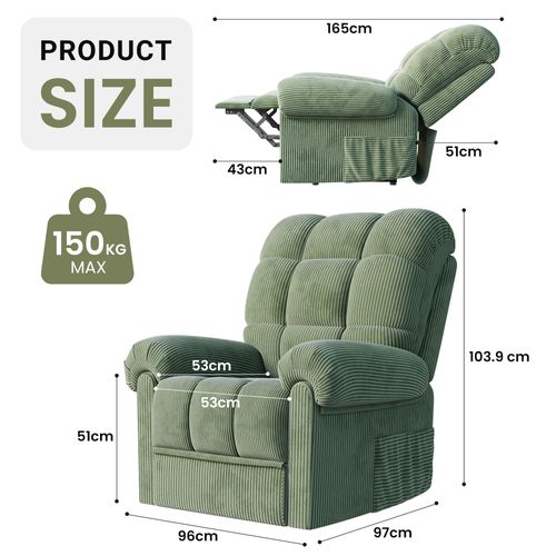 Fauteuil Relax Électrique En Velours Côtelé, Avec Repose-pieds, Vert