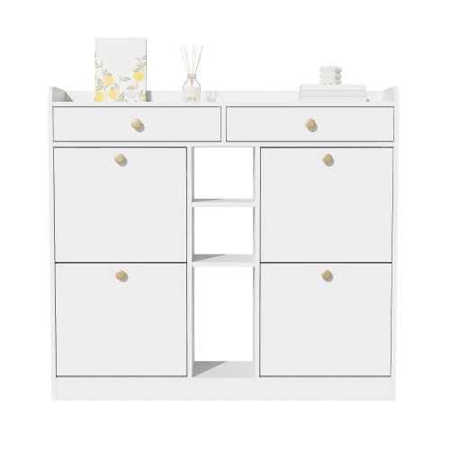 Meuble à Chaussures En Rotin-avec 2 Tiroir- 18 Paires-4 Portes Rabattables-pour Entrée-blanc