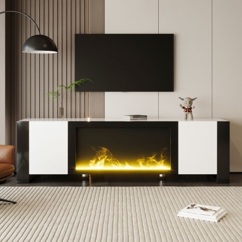 Meuble TV Bas Avec Effet Flamme De Cheminée Électrique-meubles De Salon-blanc Et Noir