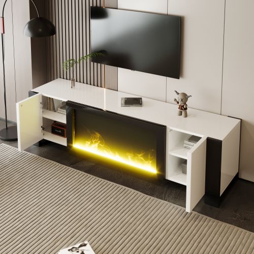 Meuble TV Bas Avec Effet Flamme De Cheminée Électrique-meubles De Salon-blanc Et Noir