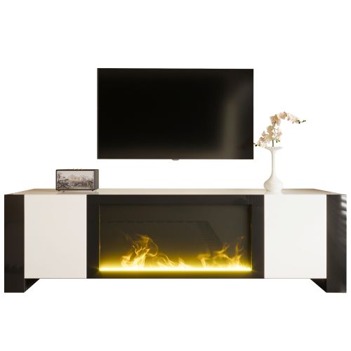 Meuble TV Bas Avec Effet Flamme De Cheminée Électrique-meubles De Salon-blanc Et Noir