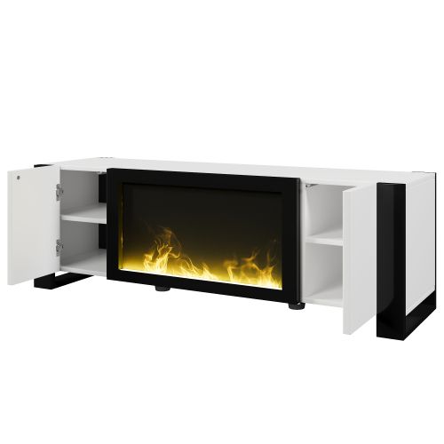 Meuble TV Bas Avec Effet Flamme De Cheminée Électrique-meubles De Salon-blanc Et Noir