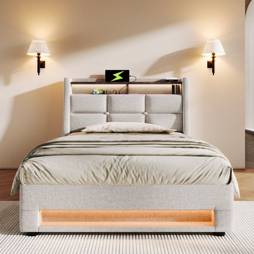 Lit Capitonné - 90x200cm - USB Et LED - Cadre Lin Beige