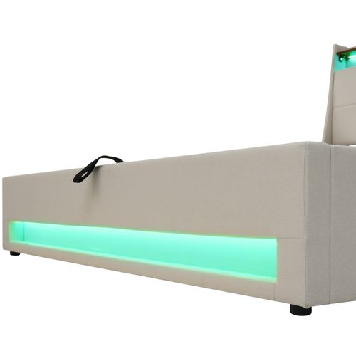 Lit Capitonné - 160x200cm - USB Et LED - Cadre Lin Beige