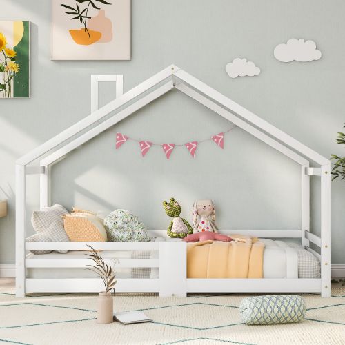 Lit Cabane Enfant-90 X 200cm-Lit Enfant en Pin Massif-Sommier à Lattes-Blanc