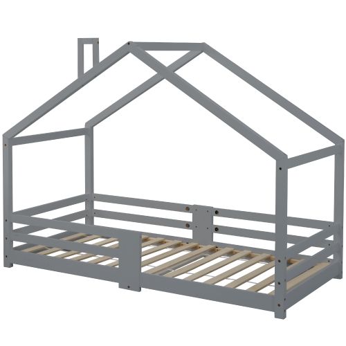 Lit Cabane Enfant-90 X 200cm-Lit Enfant en Pin Massif-Sommier à Lattes-Gris