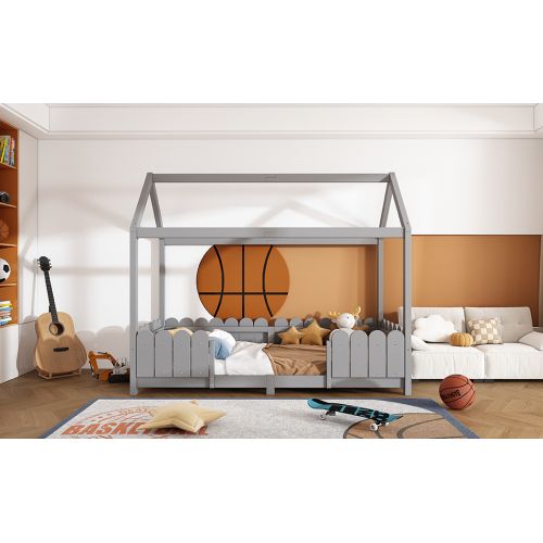 Lit Cabane Avec Tiroirs Avec Barrière-lit Enfant 90x200 Cm-en Bois-sommier à Lattes-gris