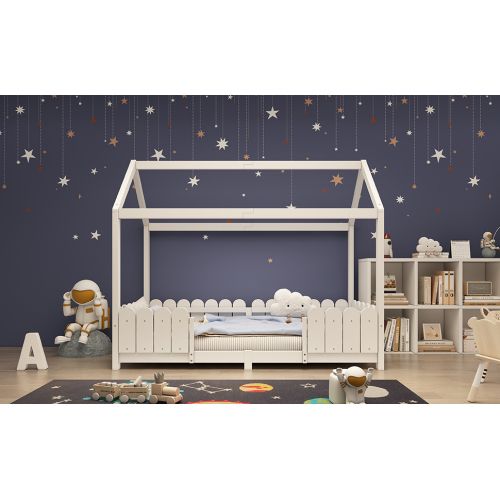 Lit Cabane Avec Tiroirs Avec Barrière-lit Enfant 90x200 Cm-en Bois-sommier à Lattes-blanc