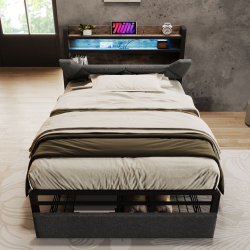 Lit Rembourré-avec Fonction De Chargement USB Type C-éclairage LED-lit Simple 90x200cm-gris