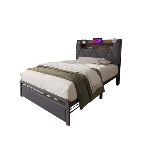 Lit Rembourré-avec Fonction De Chargement USB Type C-éclairage LED-lit Simple 90x200cm-gris