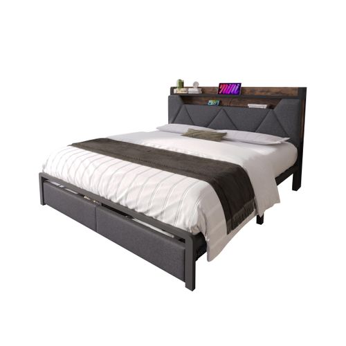 Lit Rembourré-avec Fonction De Chargement USB Type C-éclairage LED-lit Double 140x200cm-gris