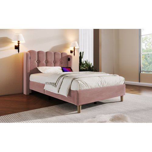 Lit Double Capitonné Avec Port USB Type-c-lit Adulte 90x200cm-revêtement En Lin Gris-rose