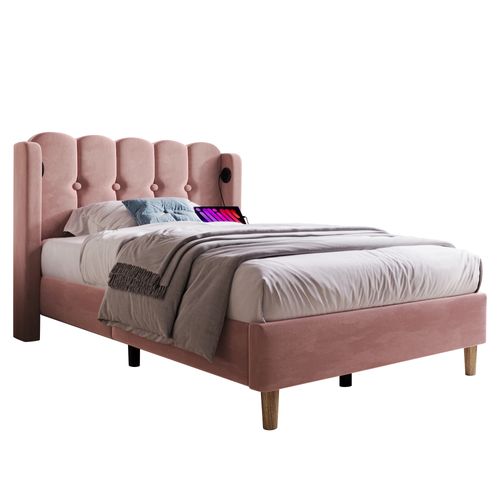 Lit Double Capitonné Avec Port USB Type-c-lit Adulte 90x200cm-revêtement En Lin Gris-rose
