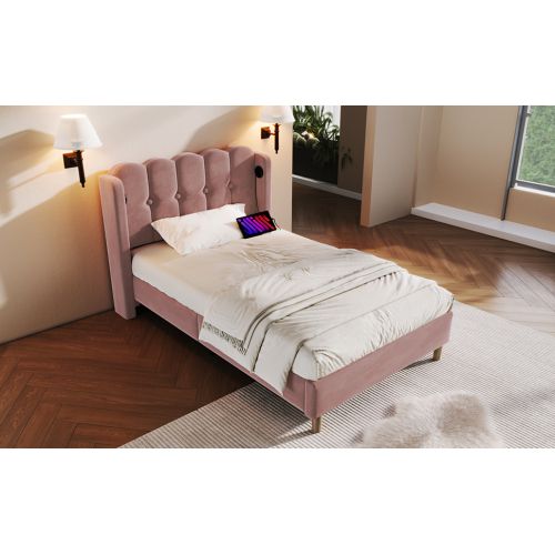 Lit Double Capitonné Avec Port USB Type-c-lit Adulte 90x200cm-revêtement En Lin Gris-rose