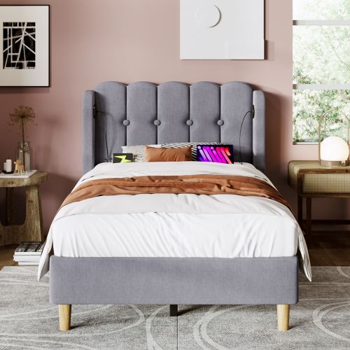 Lit Double Capitonné Avec Port USB Type-c-lit Adulte 90x200cm-revêtement En Lin Gris-gris