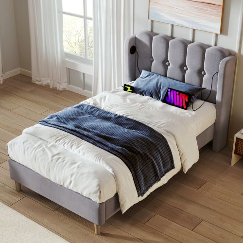 Lit Double Capitonné Avec Port USB Type-c-lit Adulte 90x200cm-revêtement En Lin Gris-gris