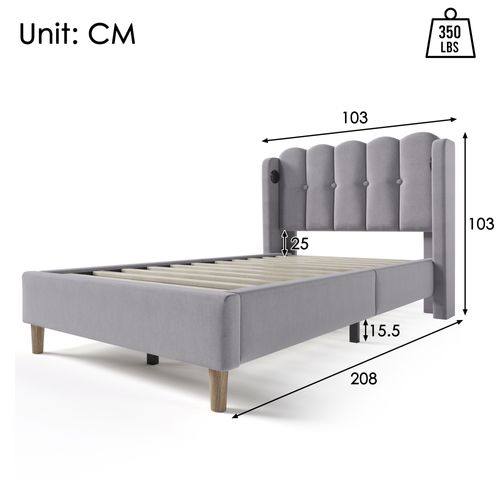 Lit Double Capitonné Avec Port USB Type-c-lit Adulte 90x200cm-revêtement En Lin Gris-gris
