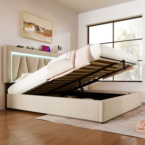 Lit Capitonné LED Double - 160x200 Cm - Rangement - USB Type C - Gris/beige