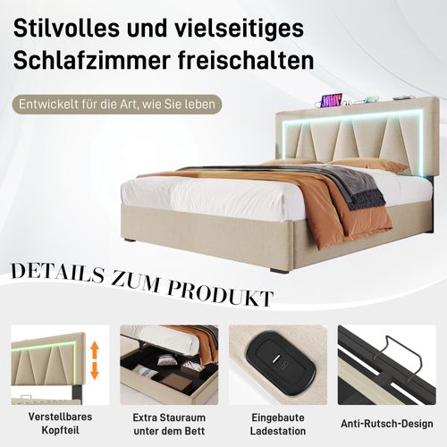 Lit Capitonné LED Double - 160x200 Cm - Rangement - USB Type C - Gris/beige