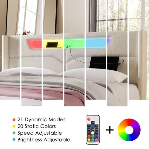 Lit Capitonné LED Double - USB Type C - Rangement Lin - 160x200 Cm