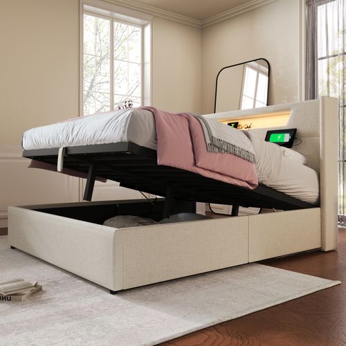 Lit Capitonné LED Double - USB Type C - Rangement Lin - 160x200 Cm