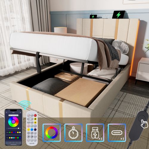 Lit Simple Capitonné 90 X 200cm-fonction De Chargement USB Type C-éclairage LED-beige