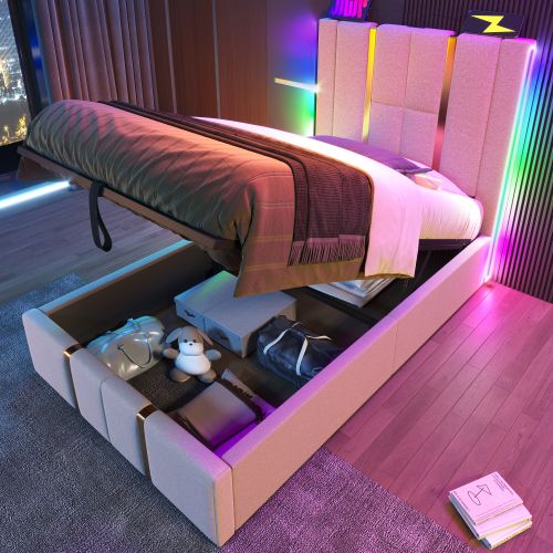 Lit Simple Capitonné 90 X 200cm-fonction De Chargement USB Type C-éclairage LED-beige