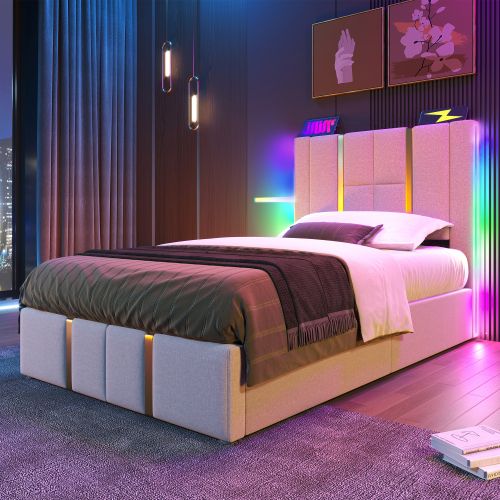 Lit Simple Capitonné 90 X 200cm-fonction De Chargement USB Type C-éclairage LED-beige