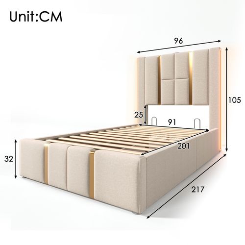 Lit Simple Capitonné 90 X 200cm-fonction De Chargement USB Type C-éclairage LED-beige