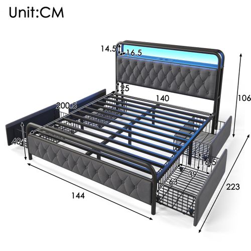 Lit Capitonné Double - USB Type C - Contrôle App - LED - 140x200 Cm - 4 Tiroirs - Velours Gris