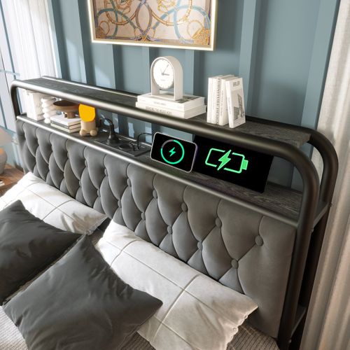 Lit Capitonné Double - USB Type C - LED - 160x200 Cm - 4 Tiroirs - Velours Gris