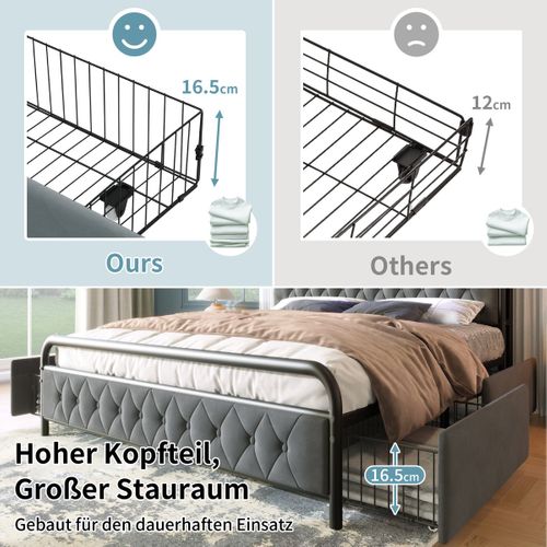 Lit Capitonné Double - USB Type C - LED - 160x200 Cm - 4 Tiroirs - Velours Gris