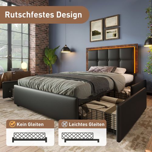 Cadre De Lit LED - 90x200cm - 4 Tiroirs - Tête Réglable - Pu Noir