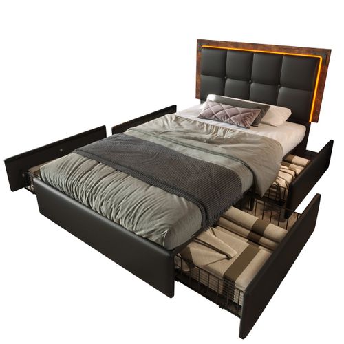 Cadre De Lit LED - 90x200cm - 4 Tiroirs - Tête Réglable - Pu Noir