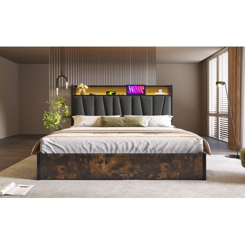 Lit Double 140x200cm-contrôle Par Application LED-avec Fonction De Charge USB-en Bois-gris