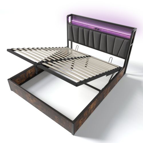 Lit Double 140x200cm-contrôle Par Application LED-avec Fonction De Charge USB-en Bois-gris