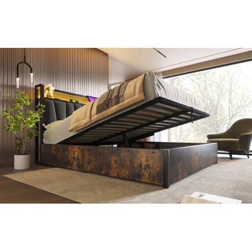 Lit Double 160x200cm-contrôle Par Application LED-avec Fonction De Charge USB-en Bois-gris