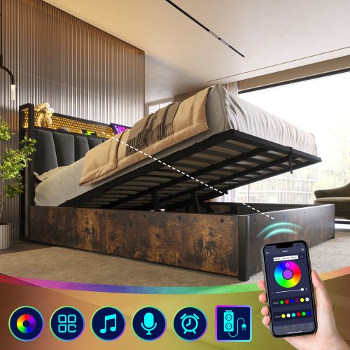 Lit Double 180x200cm-contrôle Par Application LED-avec Fonction De Charge USB-en Bois-gris