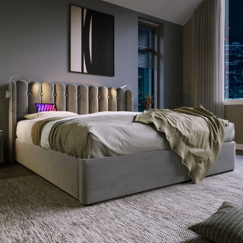 Lit Double Capitonné-lit Junior 140x200cm-fonction De Chargement-espace De Rangement-velours-gris