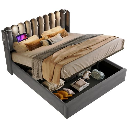 Lit Double Capitonné-lit Junior 140x200cm-fonction De Chargement-espace De Rangement-velours-gris