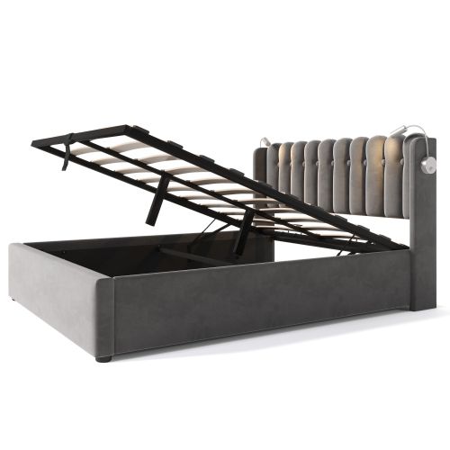 Lit Double Capitonné-lit Junior 160x200cm-fonction De Chargement-espace De Rangement-velours-gris