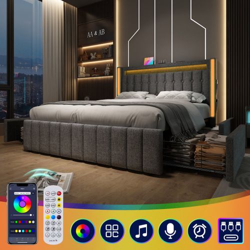 Lit Double Junior - Gris - USB Type C - LED - 4 Tiroirs - 140x200cm