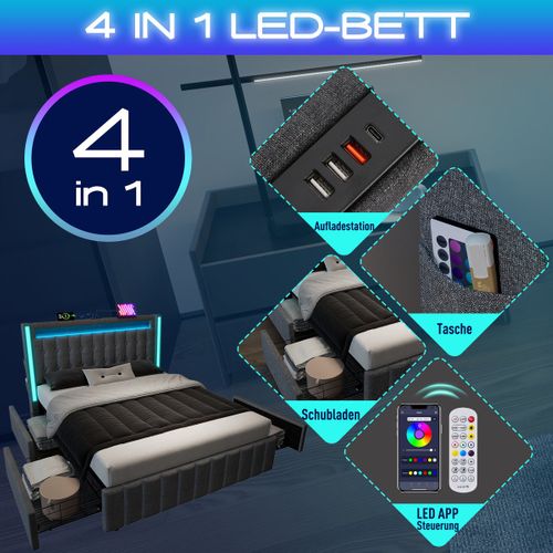 Lit Double Junior - Gris - USB Type C - LED - 4 Tiroirs - 140x200cm