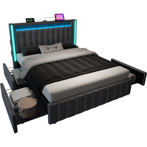Lit Double Junior - Gris - USB Type C - LED - 4 Tiroirs - 140x200cm