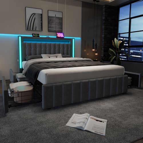 Lit Double Junior - Gris - USB Type C - LED - 4 Tiroirs - 140x200cm