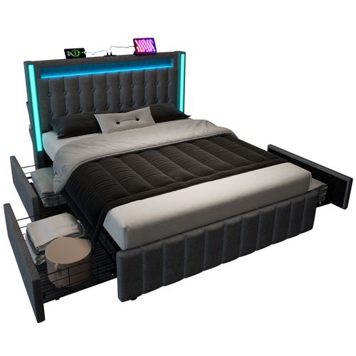 Lit Capitonné - 160x200cm - USB Type C - LED - 4 Tiroirs - Gris