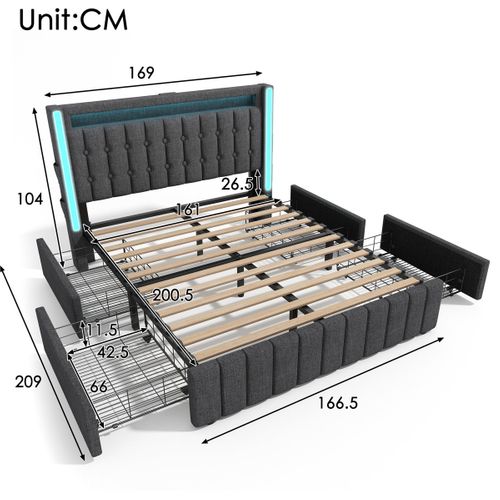 Lit Capitonné - 160x200cm - USB Type C - LED - 4 Tiroirs - Gris