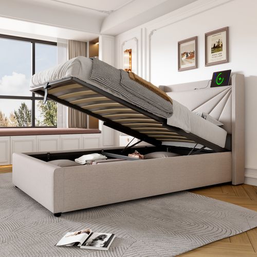 Lit Simple - 90x200 - Rangement - USB Type-c - Tissu Lin - Beige